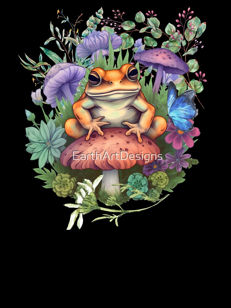 Cottagecore Frog On Mushroom Cute Colorful Design by EarthArtDesigns