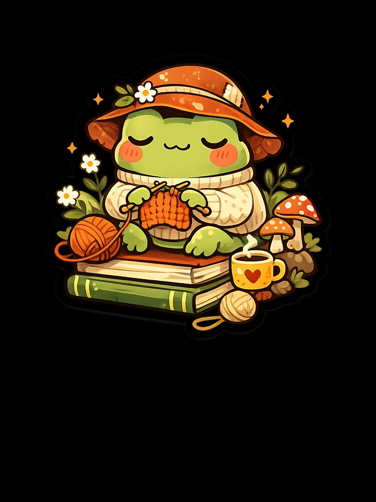 Cozy Knitting Frog Sticker - Cute Cottagecore Kawaii Frog by FluffiPopo