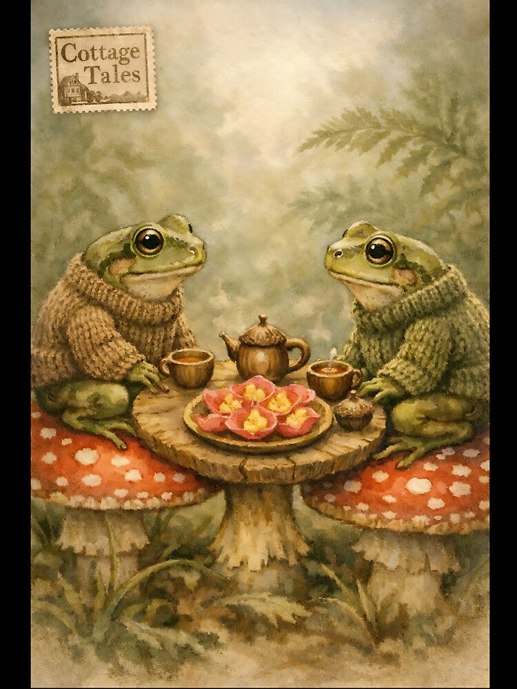 The Mushroom-Stool Tea Party - Cottagecore Frog by bapupa