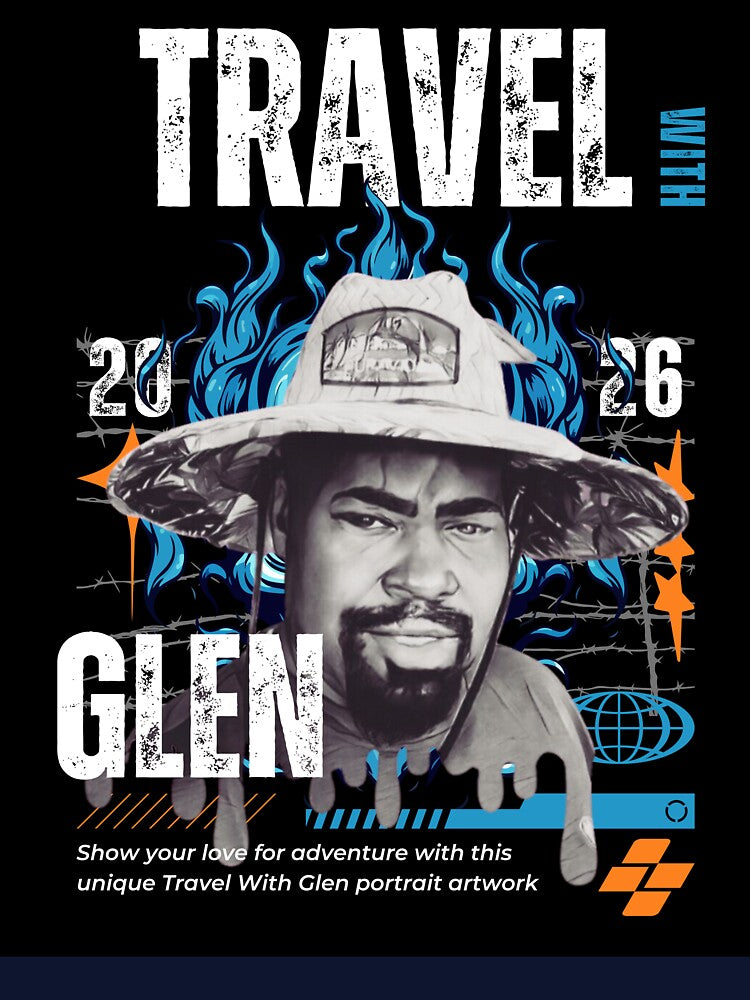 Travel With Glen V3 Blue bk-bg – Signature Travel Portrait Art | Adventure, Explorer & World Traveler Design by buycostarica