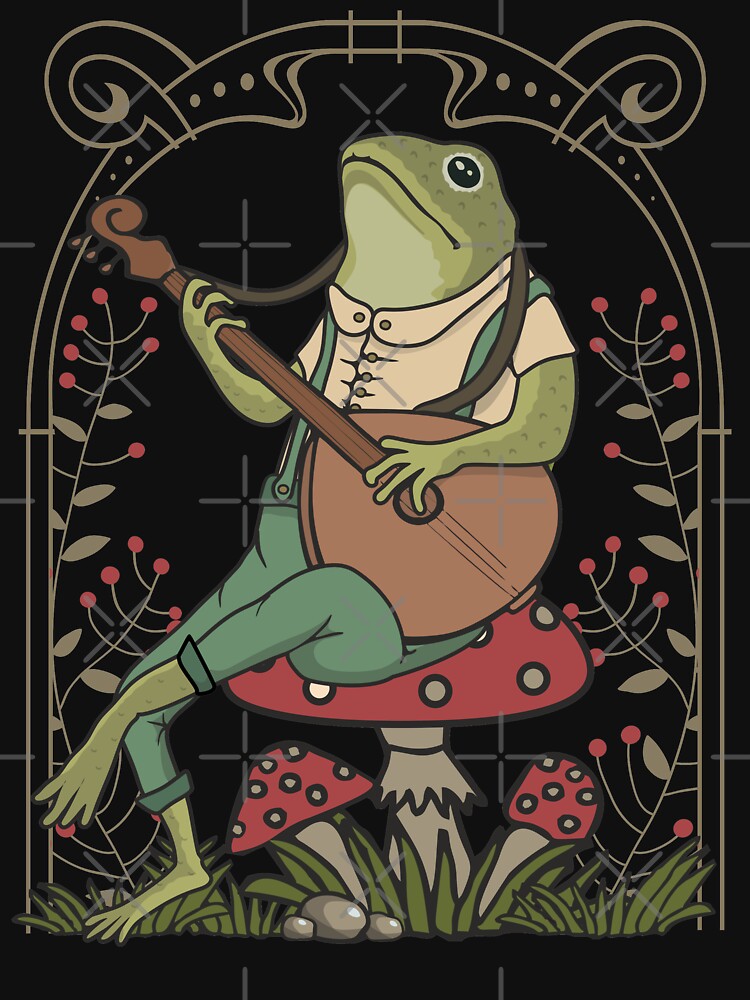 Cute Cottagecore Frog Playing Banjo Sitting On A Mushroom Naturecore Aesthetic Retro Art by alenaz