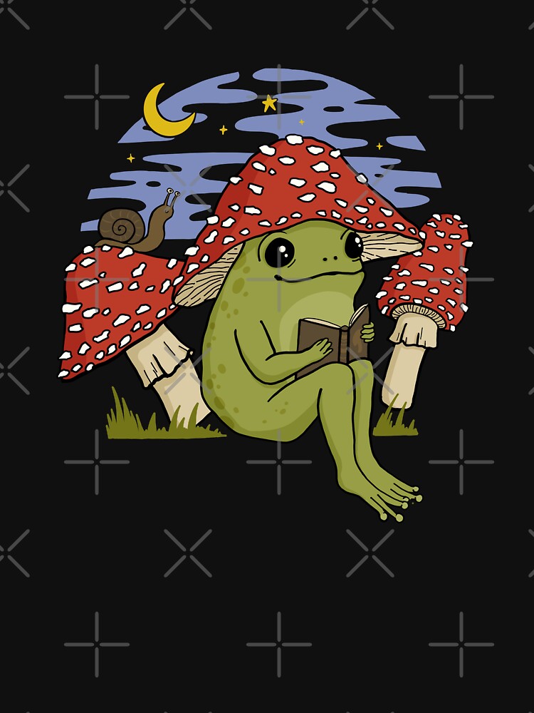 Cute Cottagecore Frog in Mushroom Hat Reading a Book: A Goblincore Toad Bookworm with Snail and Toadstool Features Enjoying a Night Sky in a Fairycore Psychedelic Vintage Setting by MinistryOfFrogs