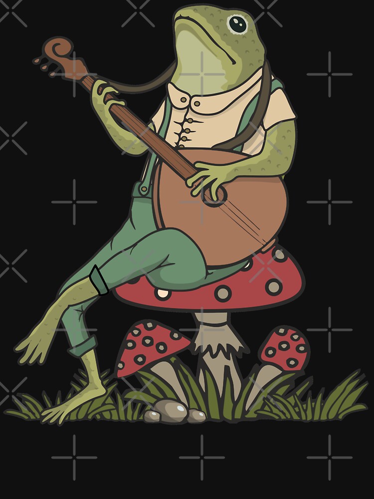 Vintage Frog Playing Banjo on a Mushroom Cottagecore Aesthetic Retro Design by alenaz