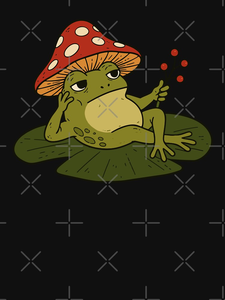 Grumpy Frog with Mushroom Hat – Cottagecore Cute Toad by cladeart