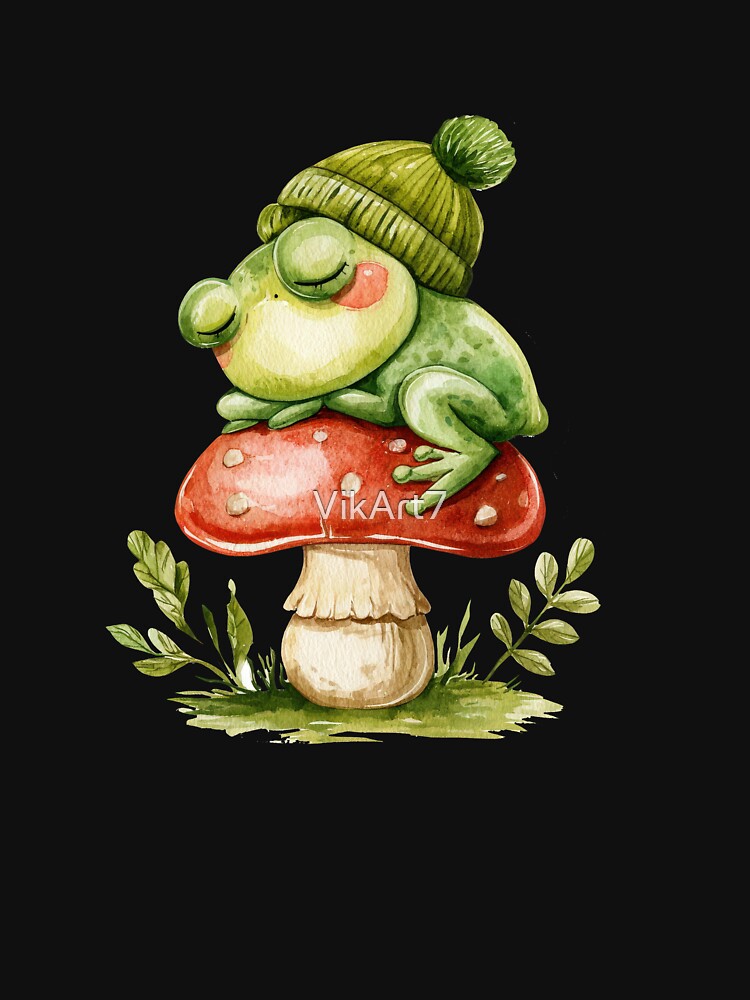 Cozy Sleepy Frog on Mushroom Cottagecore Design by VikArt7