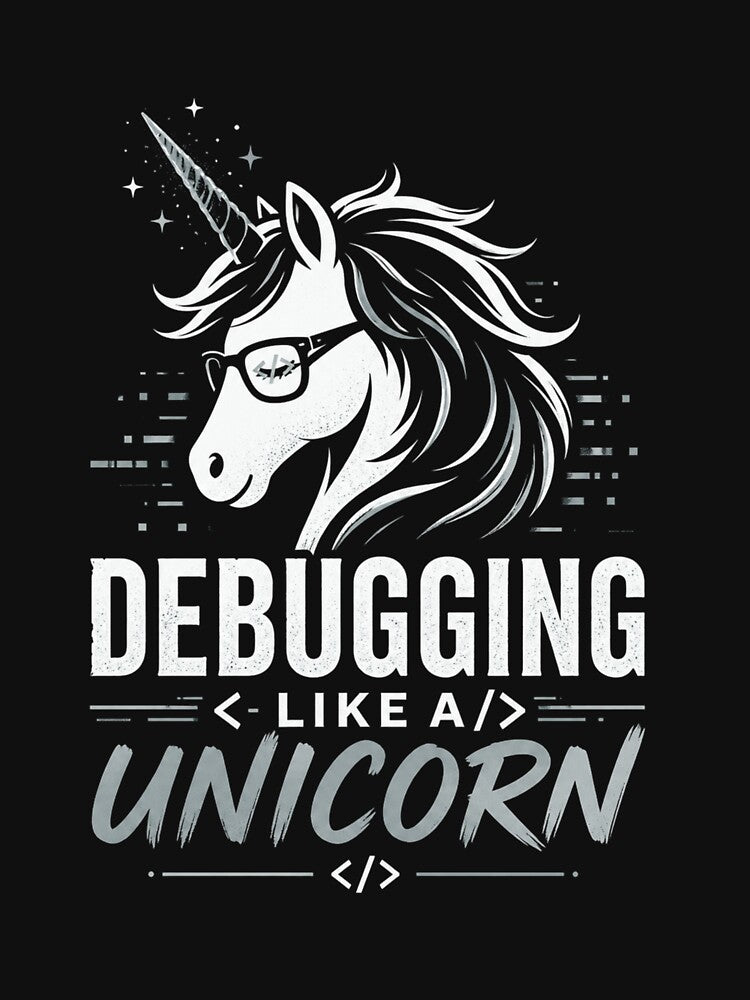 Debugging Like a Unicorn – Developer Humor White by CtrlAltLaugh