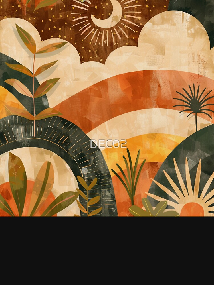 Boho Earthtones, Green, Orange, And Yellow Sunset Landscape by DEC02