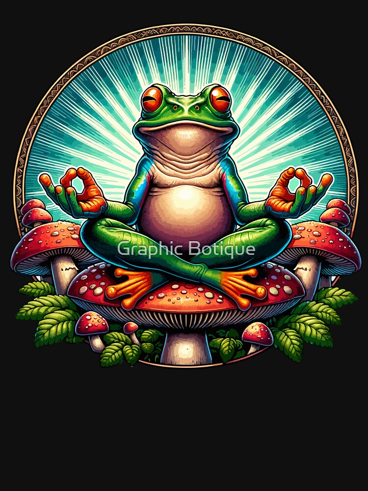 Zen Frog on Mushroom Yoga Design – Cute Meditating Frog Nature Artwork by Graphic Botique