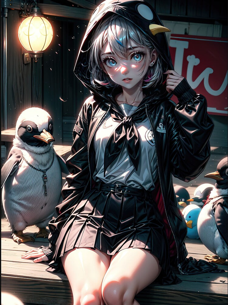 Gothic anime girl with penguins portrait art by TheArtistOf2022