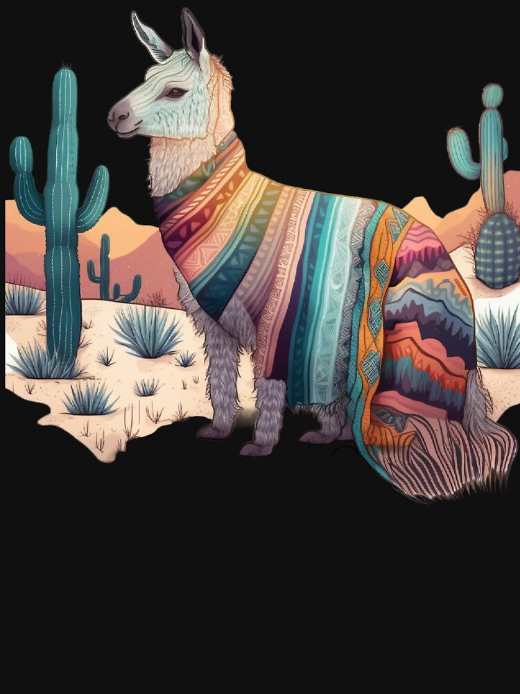 A charming llama wearing a boho-inspired blanket by iDezine GD