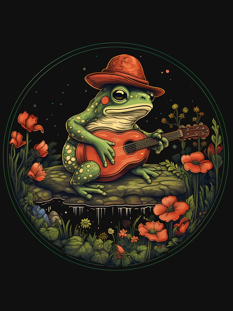 Cottagecore Aesthetic Frog Playing Banjo on Mushroom Cute by anass002