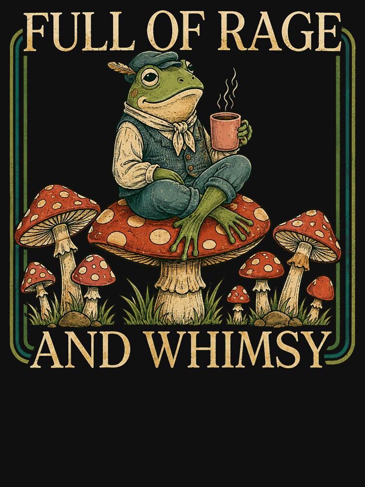 Full Of Rage And Whimsy Retro Cottagecore Frog With Coffee Mushroom Frog by Masaw
