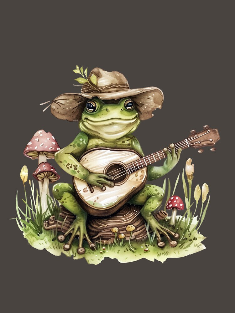 Cottagecore Banjo Frog - Cute Musical Toad with Mushrooms by OddityAndOrbit