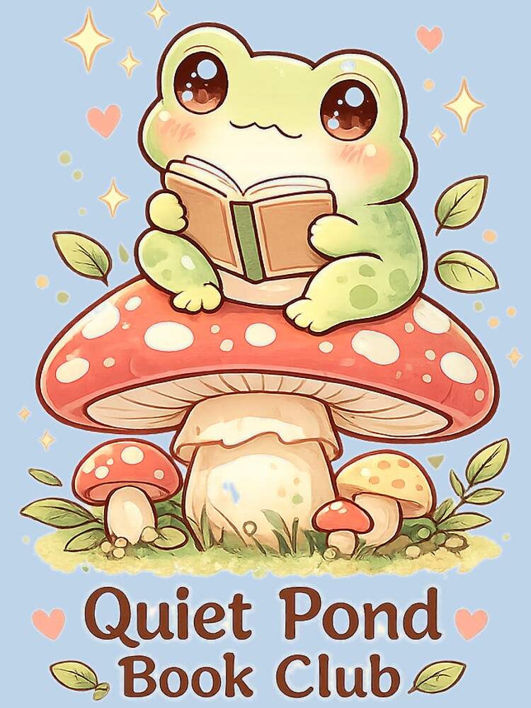 Quiet Pond Book Club – Cute Frog Reading on Mushroom by MotylekAnia