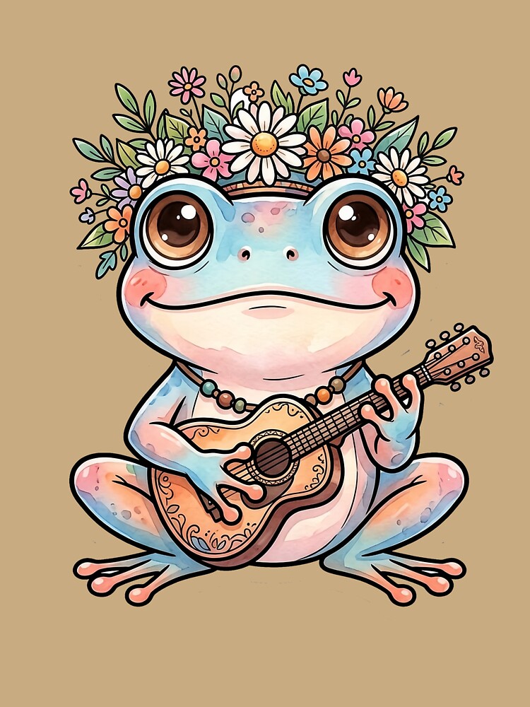 Cute Frog Playing Ukulele Floral Crown Kawaii Cottagecore Sticker by NeonKawaiiCo
