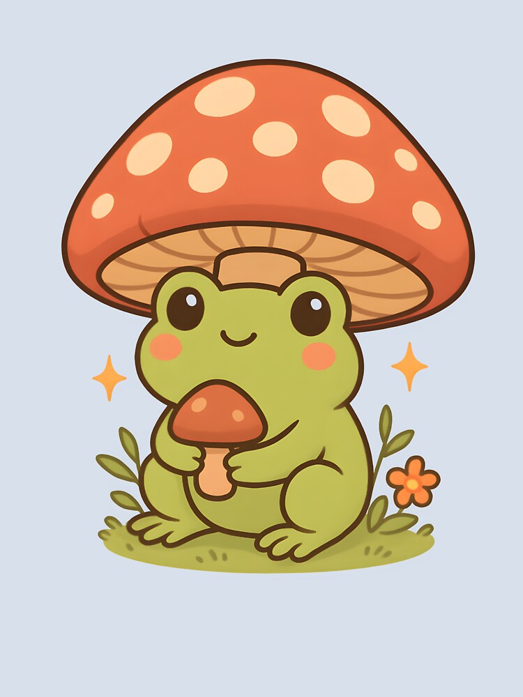 Cottagecore Kawaii Frog with Mushroom | Cute Frog Aesthetic Illustration by OsasChild