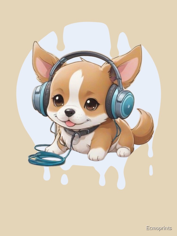 Cute Kawaii Puppy with Headphones by Ecmoprints