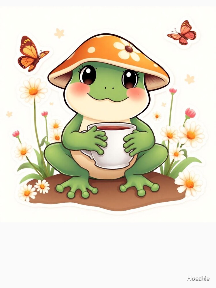 Cute Frog with Mushroom Hat Drinking Tea by Hoeshie