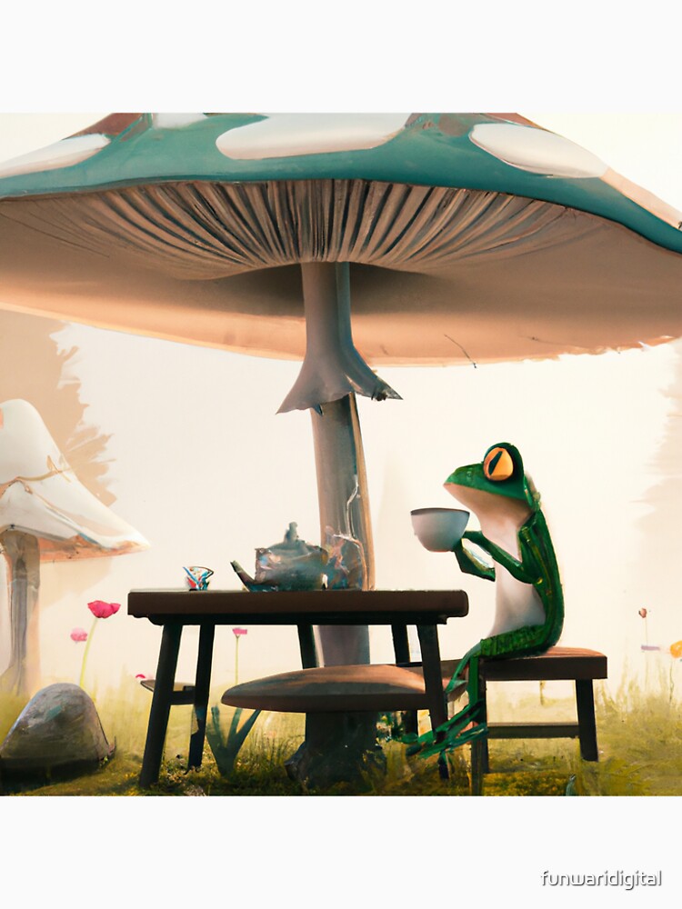 Cute Frog Relaxed in the Forest sitting on a bench drinking tea by funwaridigital