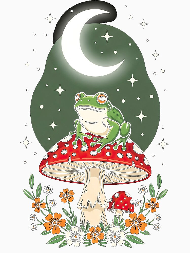 Cottagecore Frog on Mushroom Moon T-Shirt by Nyx Creates