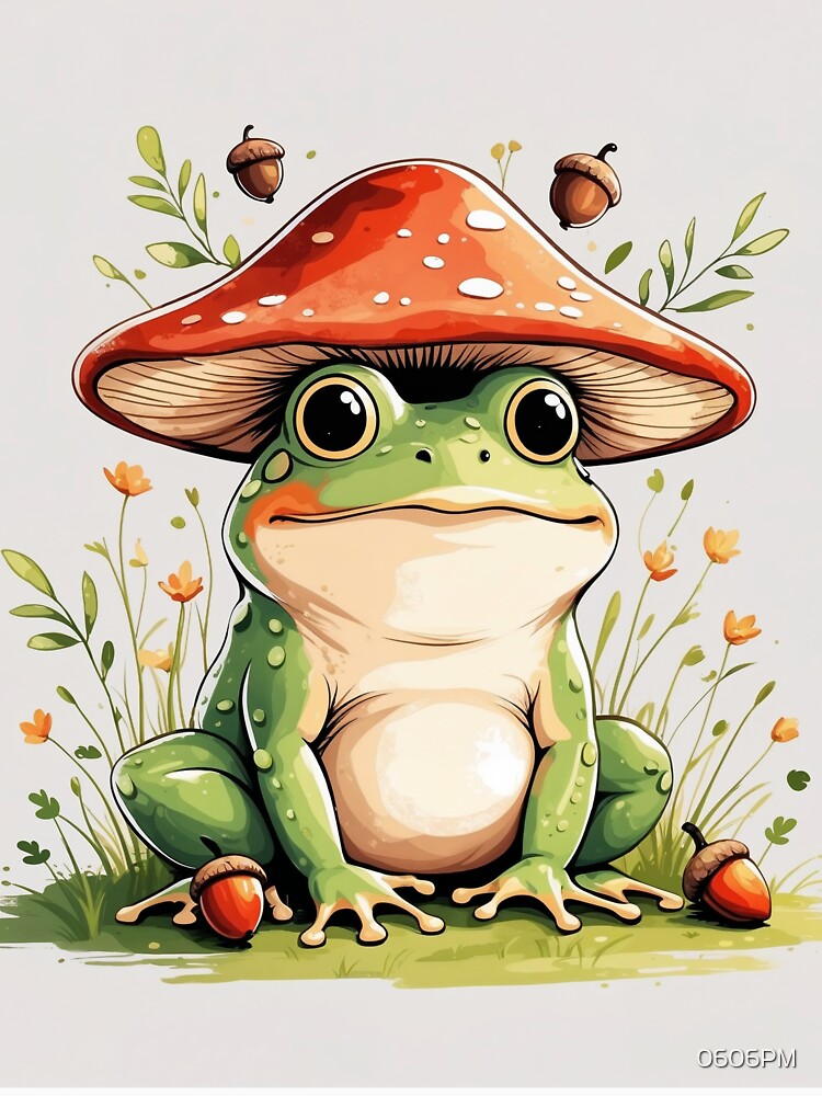 Frog in a Mushroom Hat – Cottagecore Nature Friend by 0606PM