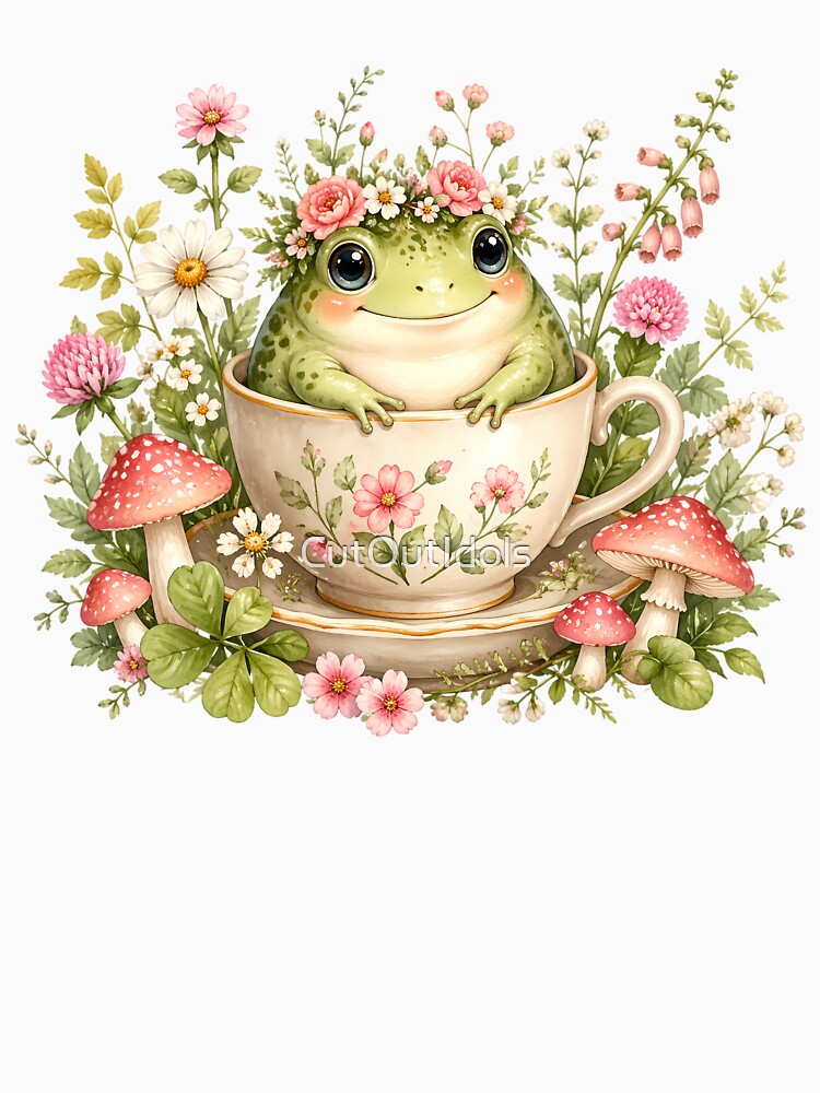 Cute Frog in Teacup Cottagecore Floral Mushroom Kawaii by CutOutIdols