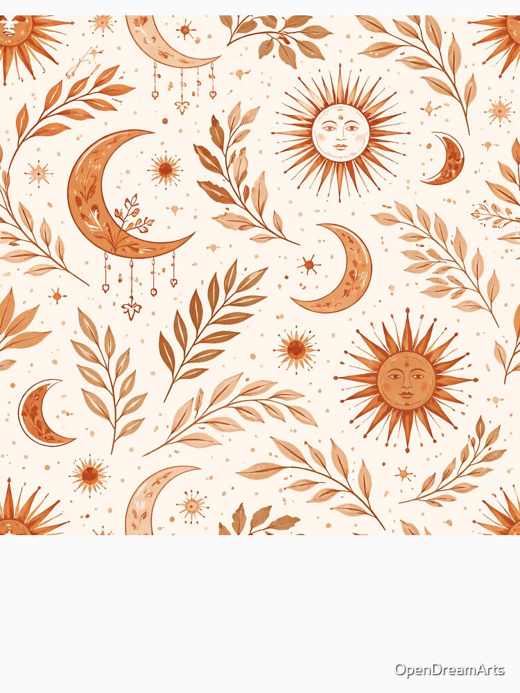 Boho Earth Pattern – Sun Moon & Leaves Terracotta Seamless Design by OpenDreamArts