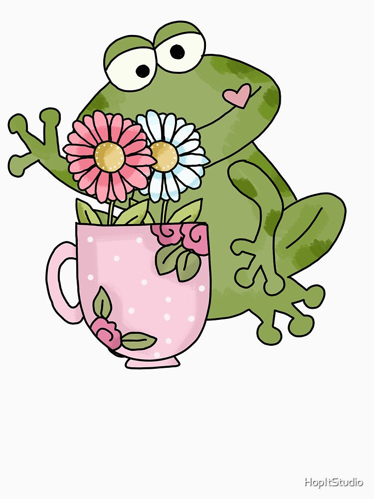 Cottagecore aesthetic cute frog holding flowers and a cup by HopItStudio