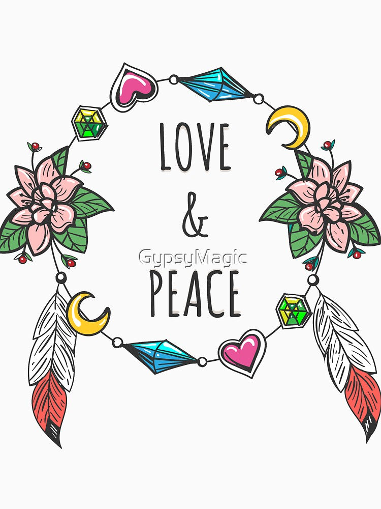Love and peace Sign Boho Style with Pink Flowers and Moon by GypsyMagic