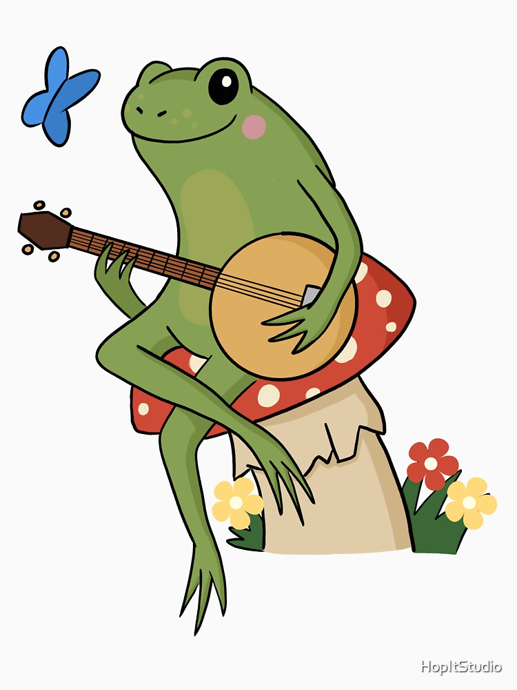 Cottagecore aesthetic cute frog playing a banjo sitting on a mushroom by HopItStudio