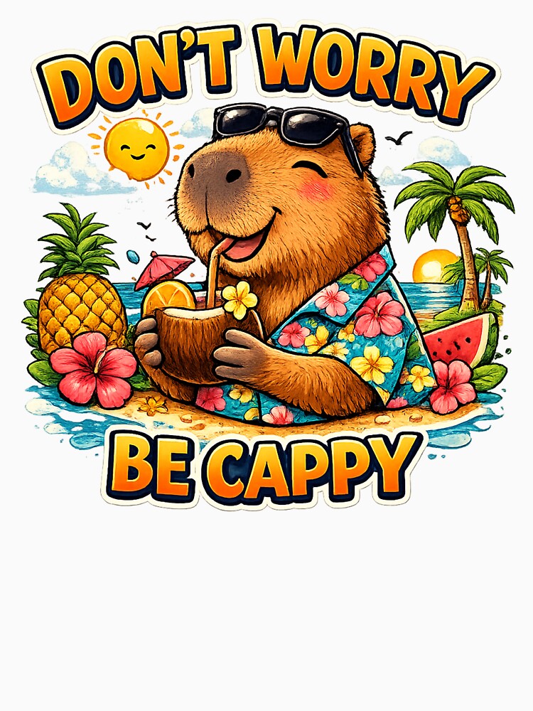 DON’T WORRY BE CAPPY – Cute Capybara Drinking Cocktail | Funny Tropical Summer T-Shirt by Respawn Society