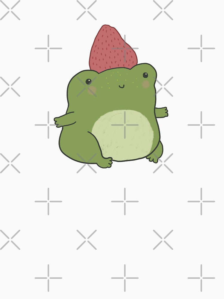 Cute Frog in Pink Strawberry Hat: Kawaii Cottagecore Aesthetic, Chubby Froge Art by MinistryOfFrogs