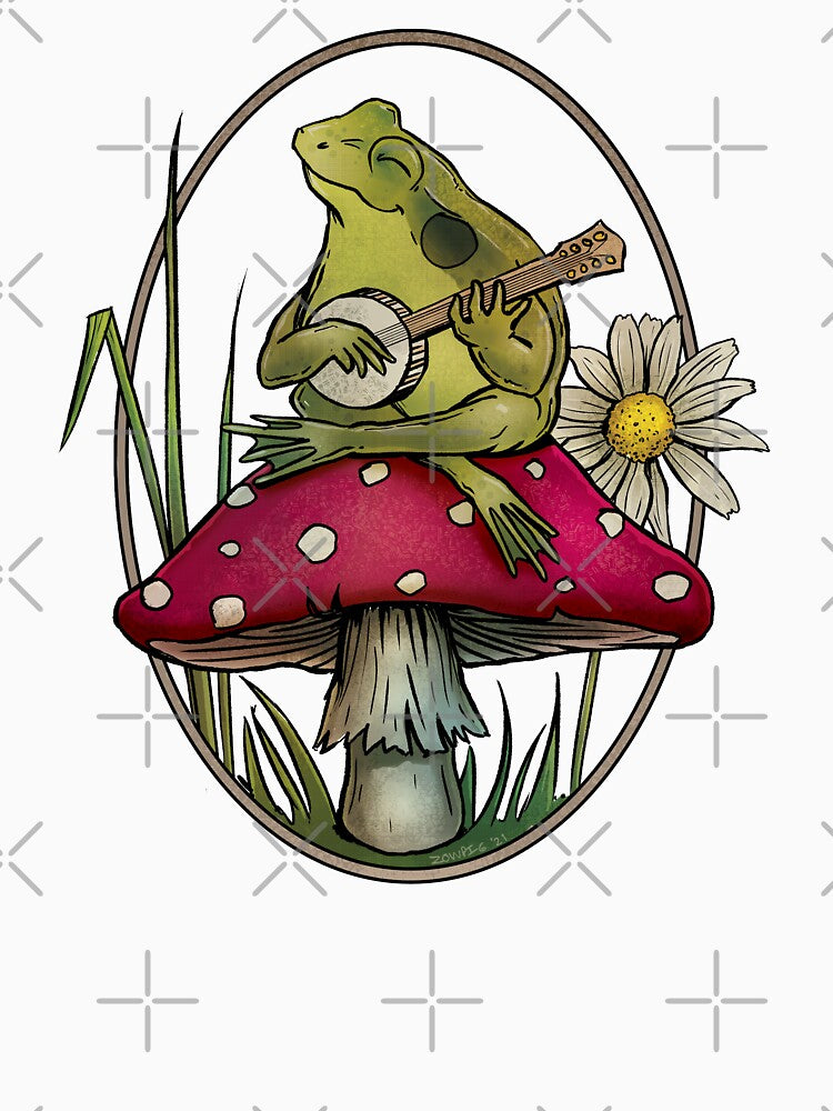 Cottagecore Aesthetic Cute Kawaii Frog Playing Banjo on Mushroom by JinxWhaleDesign