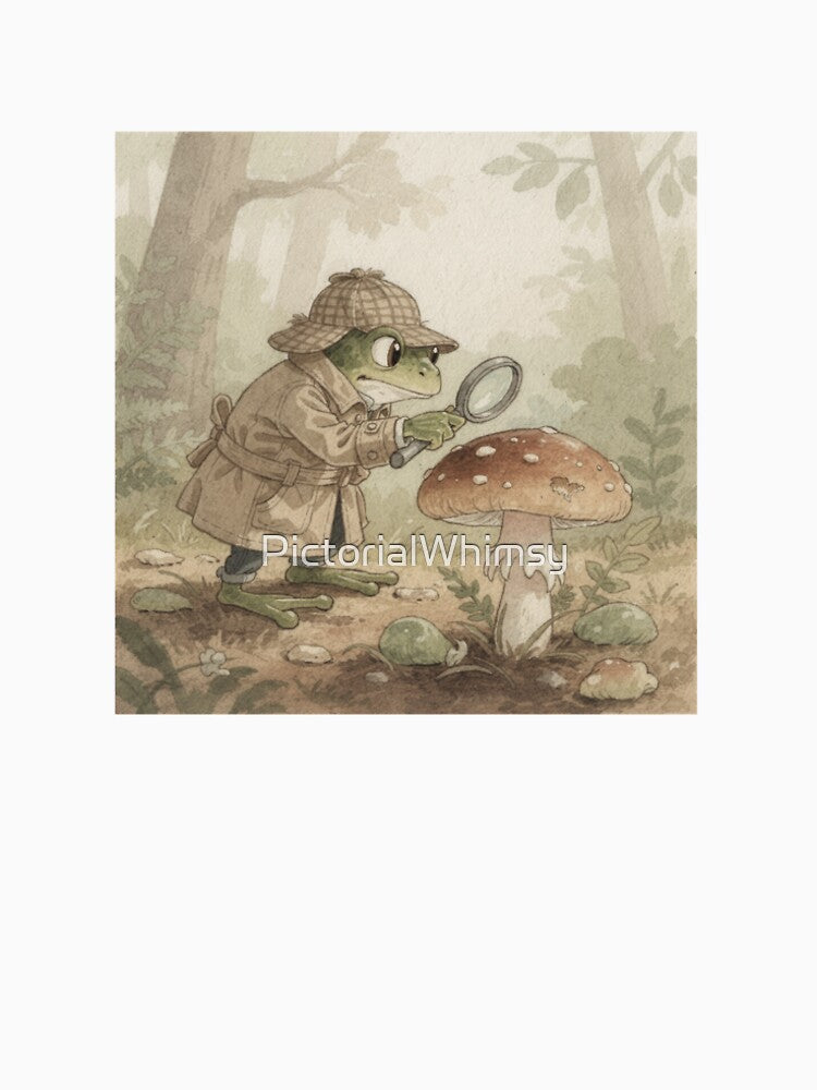 Frog Detective Inspecting a Mushroom Cottagecore Art by PictorialWhimsy