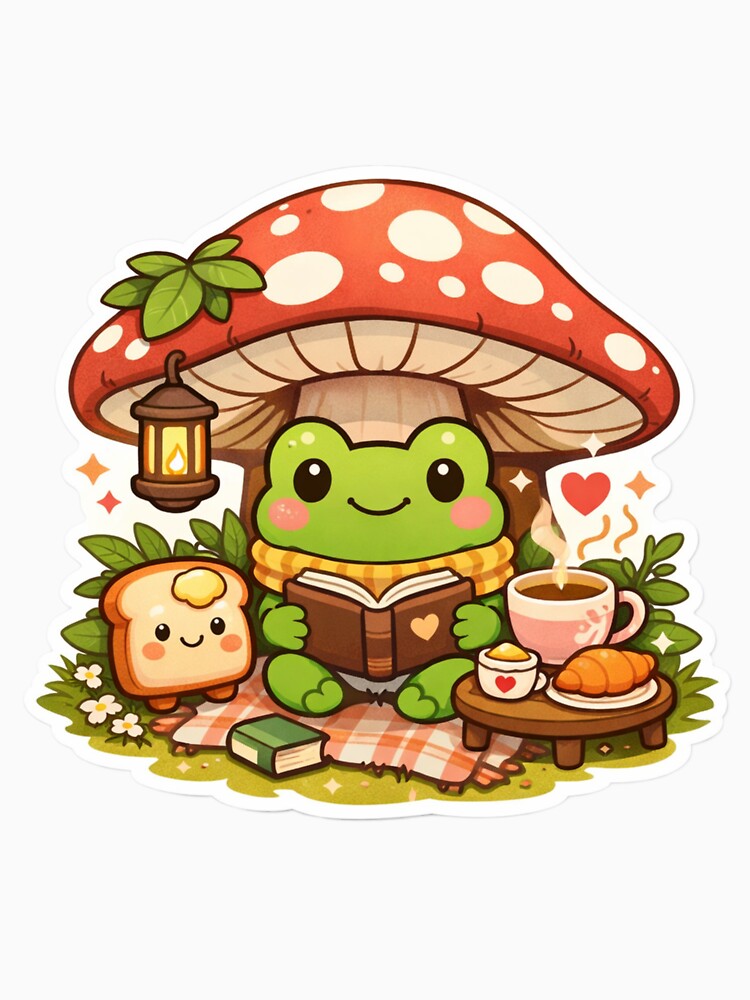Cozy Frog Under Mushroom Sticker - Cute Cottagecore Reading Frog by FluffiPopo