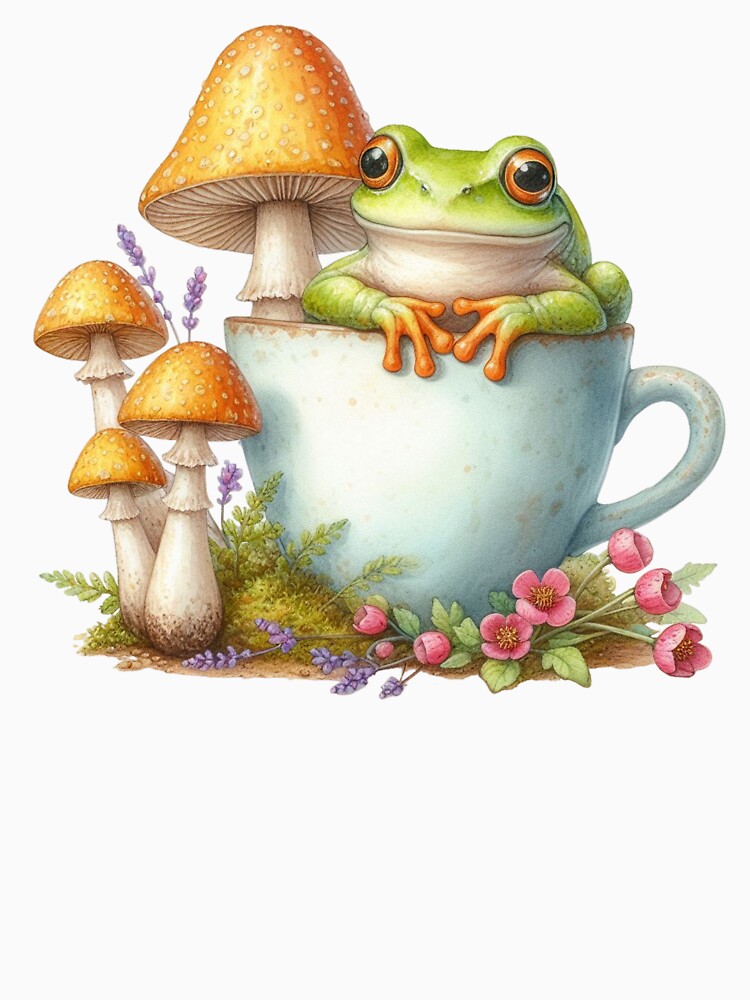 Cute Frog in a Cup surrounded by mushrooms by JuliaPop