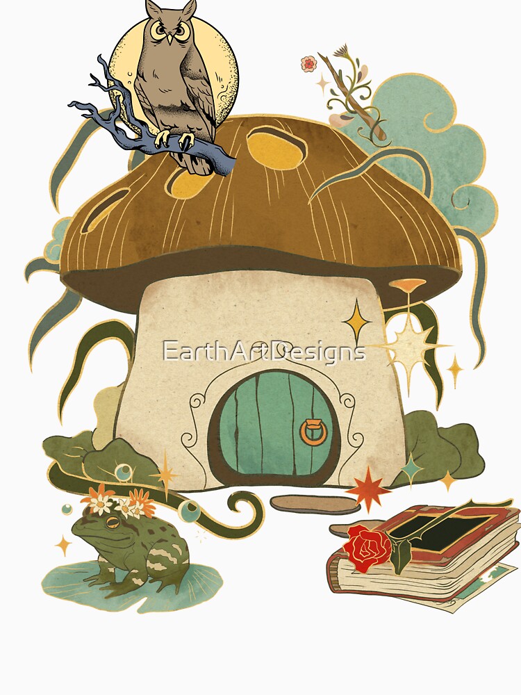 Cottagecore Mushroom House & Creatures Colorful Design by EarthArtDesigns