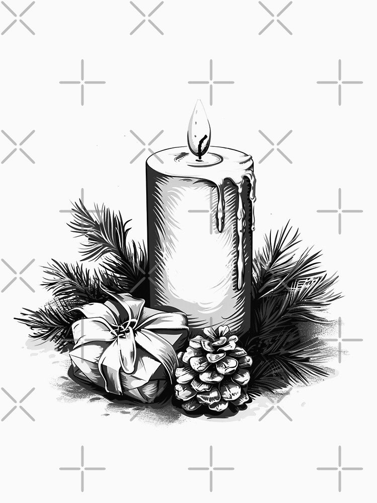 Christmas Candle with Pinecone and Gift – Classic Holiday Illustration by inkoutninja