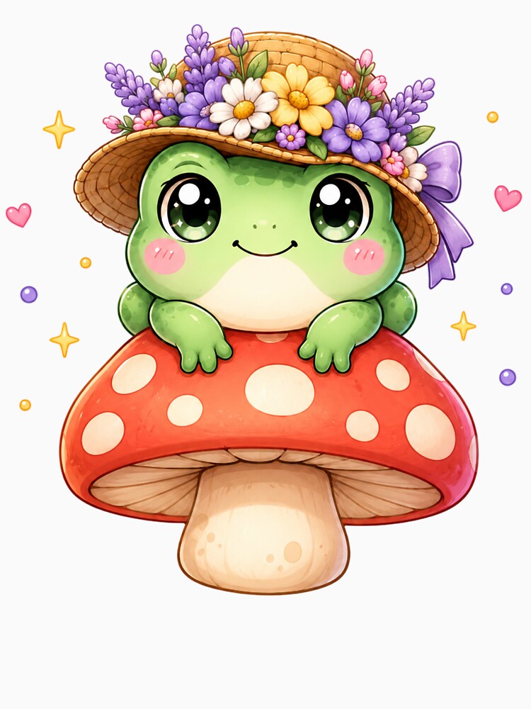 Frog on Mushroom Floral Hat | Kawaii Cottagecore Spring Art by Dulxoz