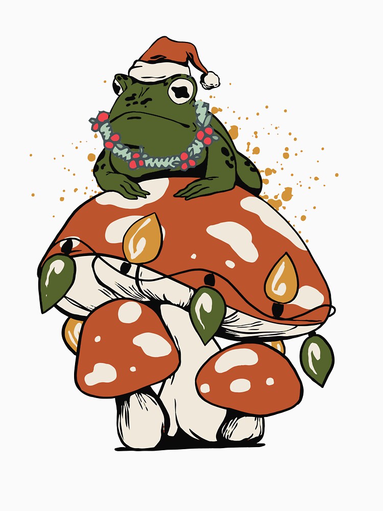 Cottagecore Aesthetic Frog On Mushroom Wearing Christmas Hat by TDesignFactory