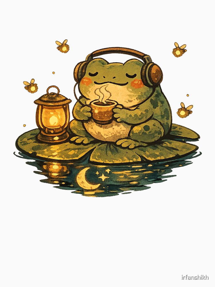 Lofi Frog Sipping Tea at Night – Cute Vintage Cottagecore Aesthetic Art | Frog Lover Gift by irfanshikh