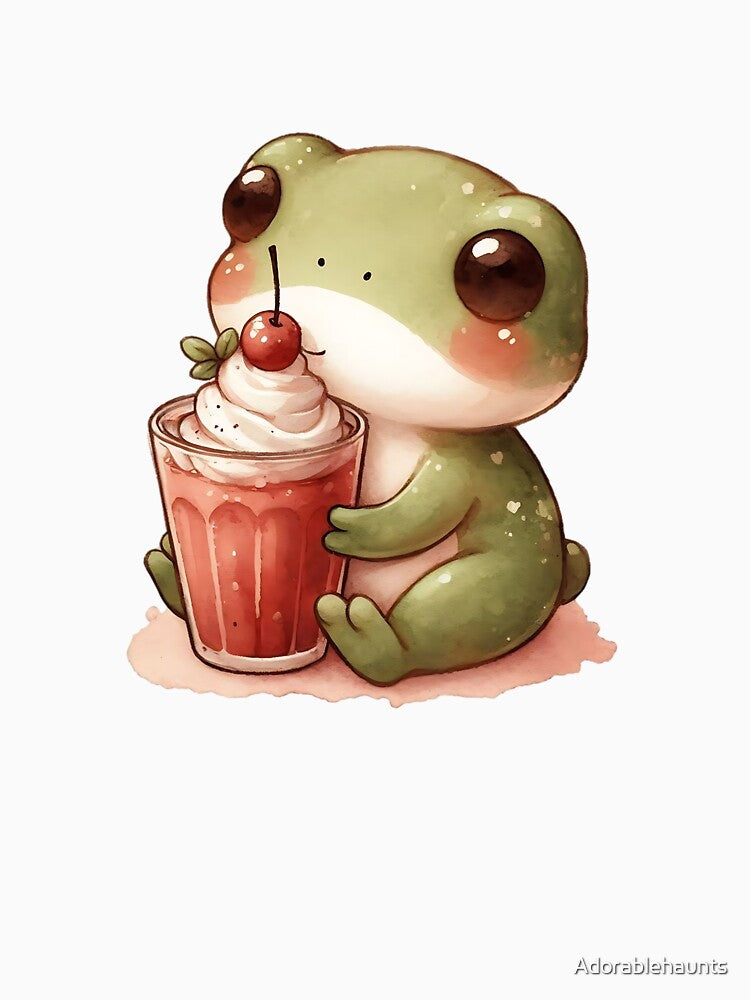 Watercolor Frog with Iced Drink, Cozy Cottagecore Frog Illustration by Adorablehaunts