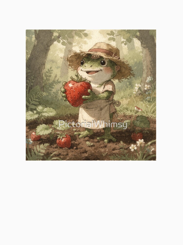 Proud Frog Gardener Holding One Giant Strawberry by PictorialWhimsy