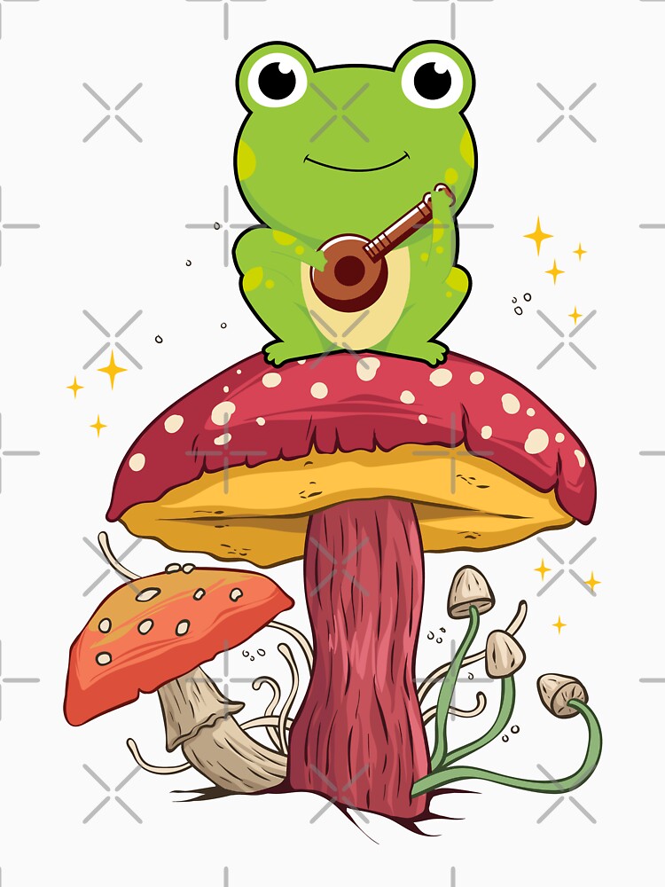 Cottagecore Aesthetic Frog Playing Banjo On Mushroom Cute by EIMgraphic