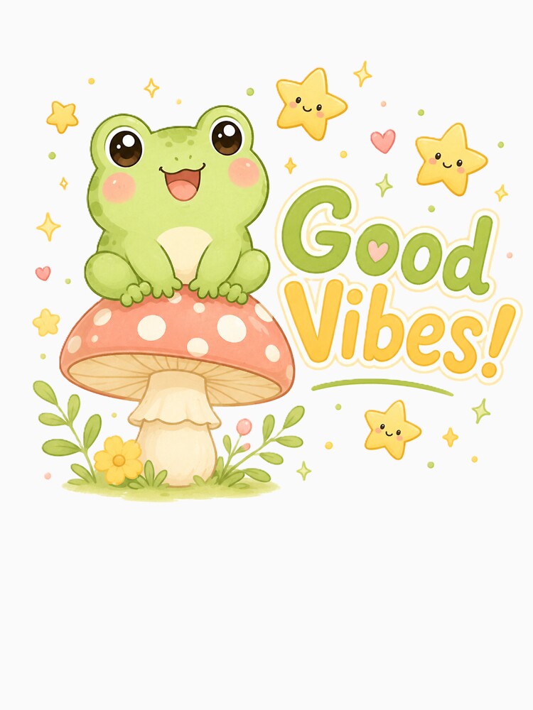 Good Vibes Cute Frog Mushroom Stars Kawaii Design by Sharlo Shop