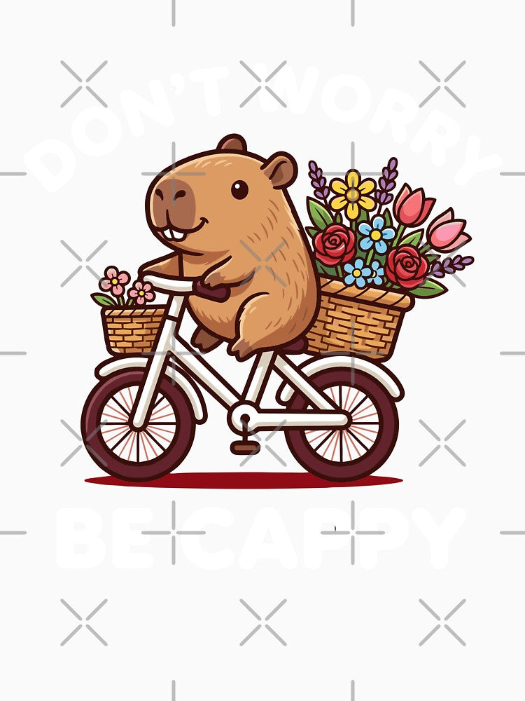 Don't Worry Be Cappy Cute Capybara Riding Bicycle Flower Basket by Krasnovaovaova
