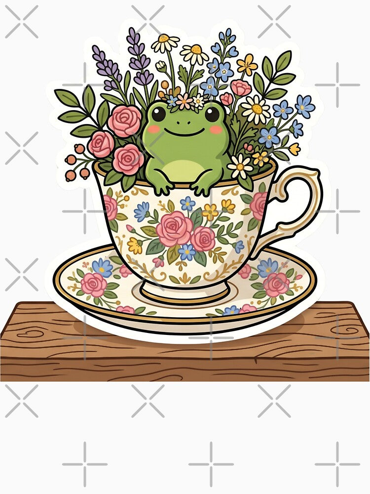 Frog sitting inside teacup with flowers, cozy cottagecore design by ArtsyExplorer