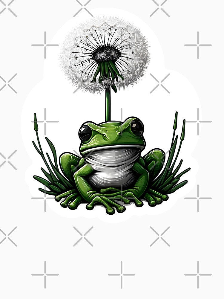 Green frog sitting under a dandelion by Truck Stop One