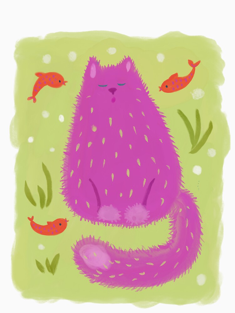 Purple Cat and Red Fishs – Abstract Painting on Green Background by jsapro