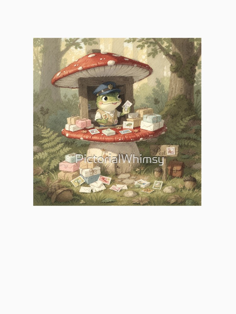 Frog at the Mushroom Post Office — Cottagecore Frog by PictorialWhimsy